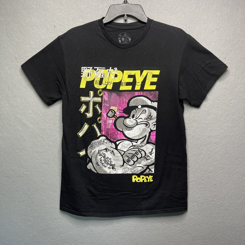 Popeye Graphic T-Shirt With Japanese Lettering Black M Urban Tattoo Style Design